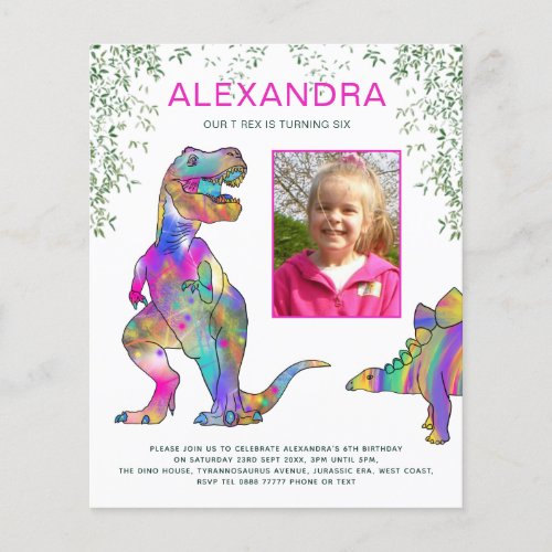 Dinosaur Girls Budget Birthday Party Pink Flyer
