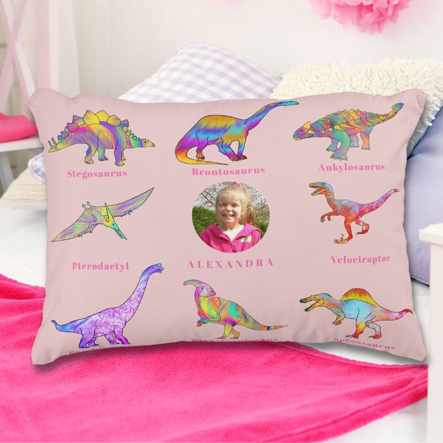 Dinosaur Girls Personalized Name and Photo Accent Pillow (Colorful dinosaur girls personalized name and photo pink pillow)