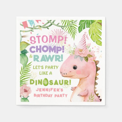 Dinosaur Girls Pink Birthday Party Paper Napkin