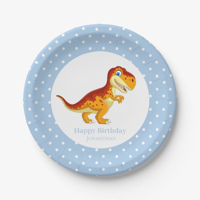 Dinosaur Gold T Rex  Blue Boy Party   Paper Plates (Front)
