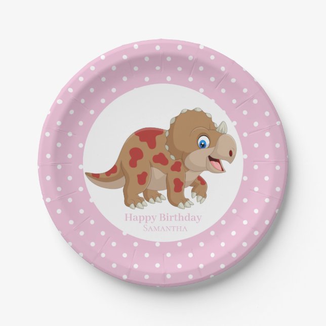 Dinosaur Gold Triceratops  Party  White Dots Paper Plates (Front)