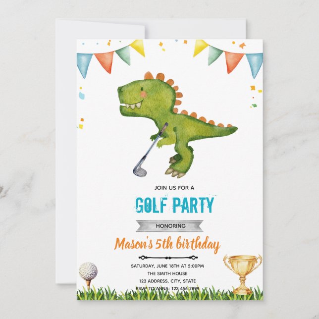 Dinosaur golf birthday Invitation  (Front)