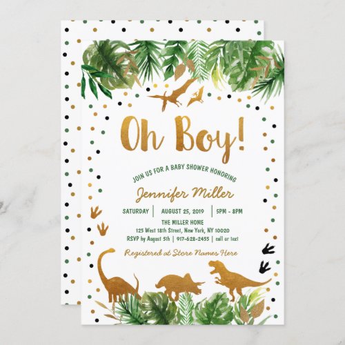 Dinosaur Green  Gold Safari Baby Shower Invitation