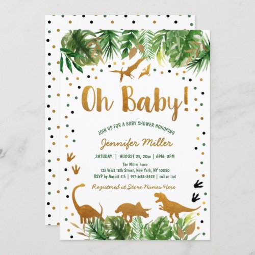 Dinosaur Green Gold Safari Baby Shower Invitation