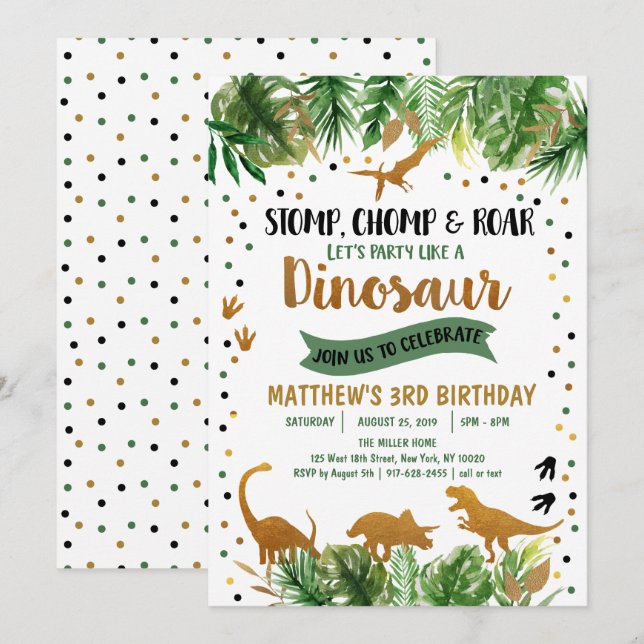 Dinosaur Green & Gold Safari Birthday Invitation (Front/Back)