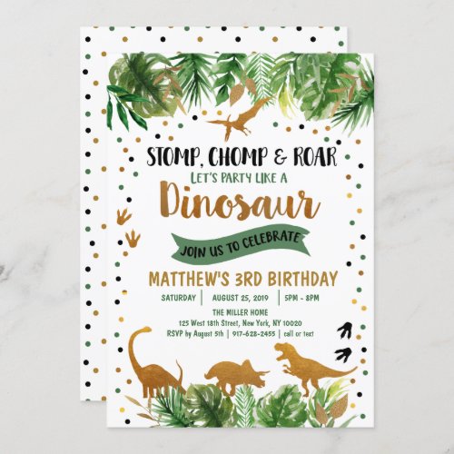 Dinosaur Green  Gold Safari Birthday Invitation