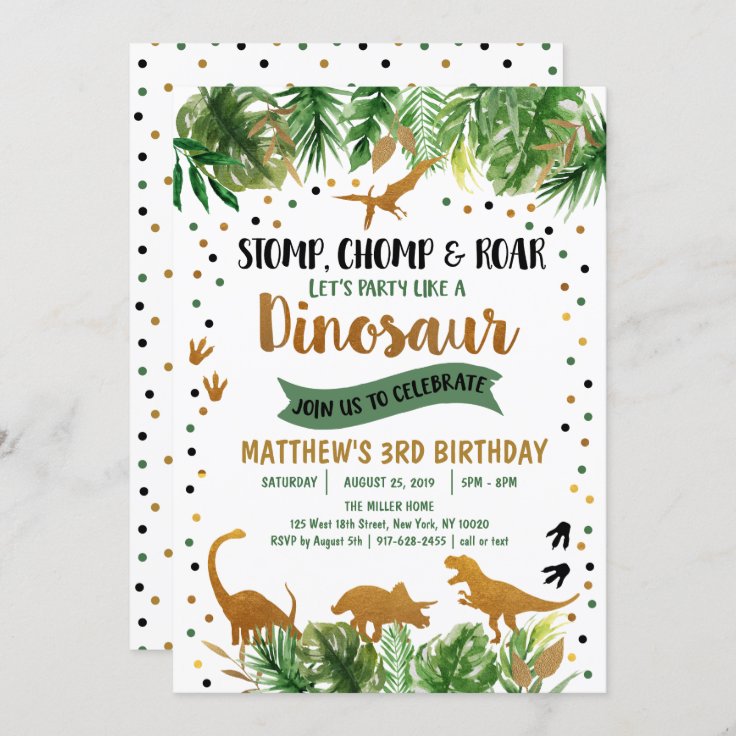 Dinosaur Green & Gold Safari Birthday Invitation | Zazzle