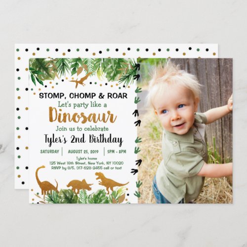 Dinosaur Green  Gold Safari Birthday Invitation