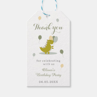 Dinosaur Green Grey First Birthday Thank You Gift Tags