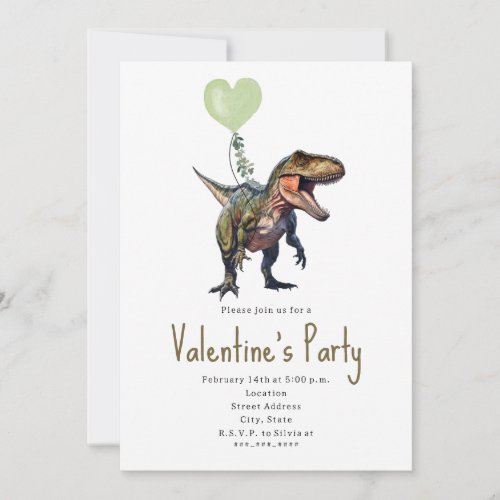 Dinosaur Green Heart Valentines Party Invitation