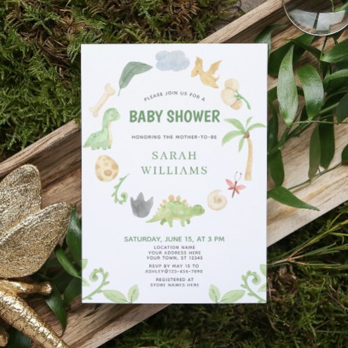 Dinosaur Green Watercolor Wreath Baby Shower Invitation