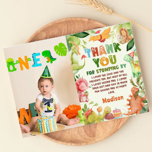 Dinosaur Greenery Birthday Photo Thank You Card