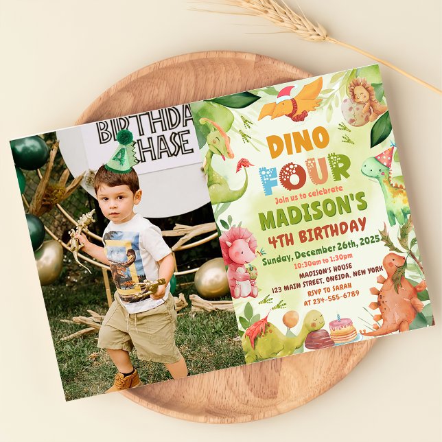Dinosaur Greenery Dino Four 4th Birthday Photo Invitation (Creator Uploaded)