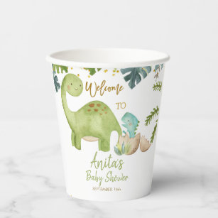 Dinosaur Greenery Floral White Paper Cups