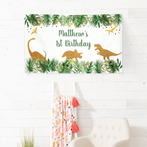 Dinosaur Greenery Gold Birthday Banner