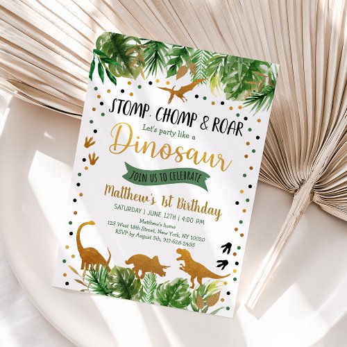 Dinosaur Greenery Gold Birthday Invitation