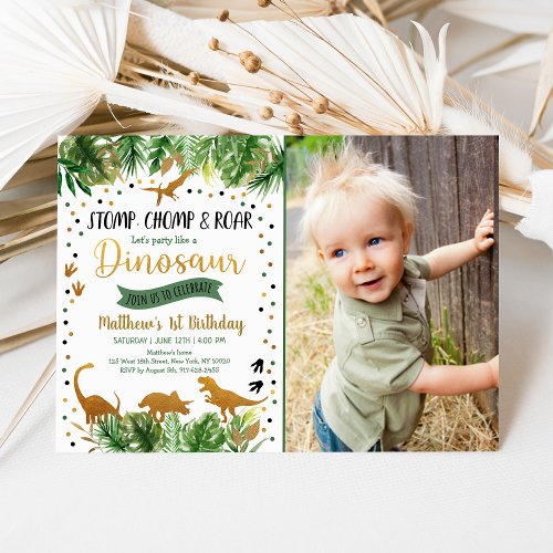 Dinosaur Greenery Gold Birthday Invitation