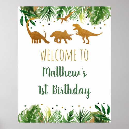 Dinosaur Greenery Gold Birthday Welcome Poster