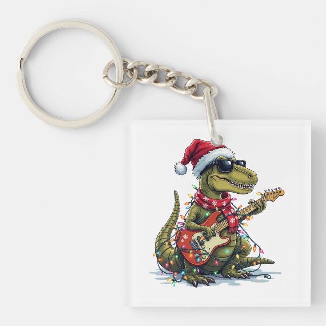 Dinosaur Guitar Player Xmas Keychain (Front)