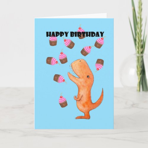 Dinosaur Happy Birthday Cute t_rex with cupcakes Card