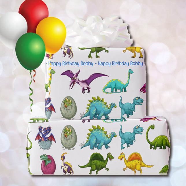 Dinosaur Happy Birthday Personalize Name Wrapping Paper (Creator Uploaded)