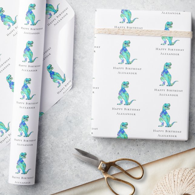 Dinosaur Happy Birthday Personalized Boy Name Wrapping Paper (dinosaur happy birthday personalized boy name modern gift wrapping paper colorful watercolor T-Rex)