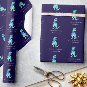 Dinosaur Happy Birthday Personalized Boy Navy Blue Wrapping Paper