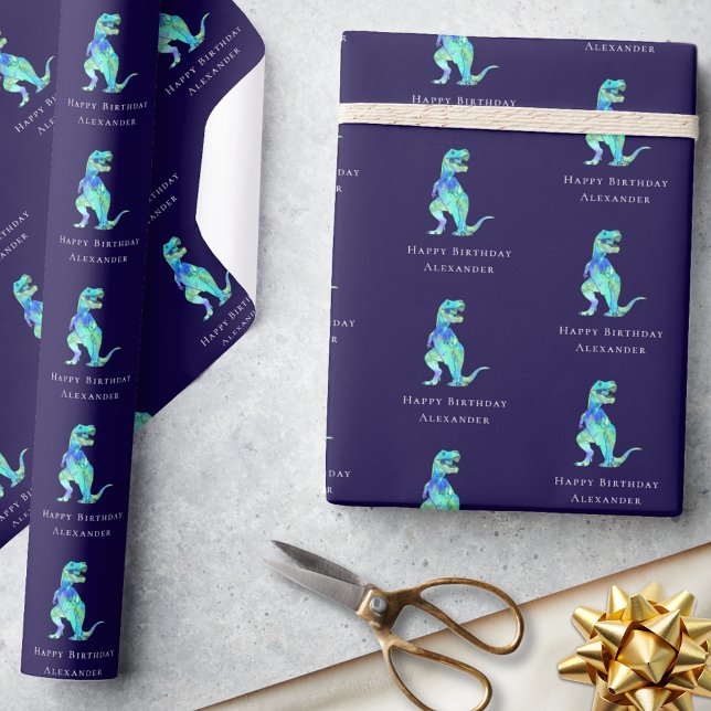 Dinosaur Happy Birthday Personalized Boy Navy Blue Wrapping Paper (Personalized boy dinosaur happy birthday navy blue gift wrapping paper Colorful watercolor T-Rex)