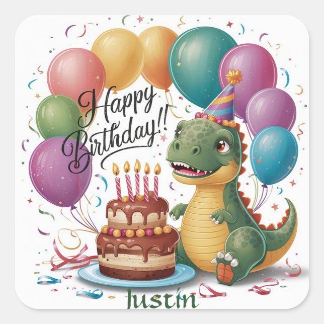 Dinosaur Happy Birthday Square Sticker (Front)