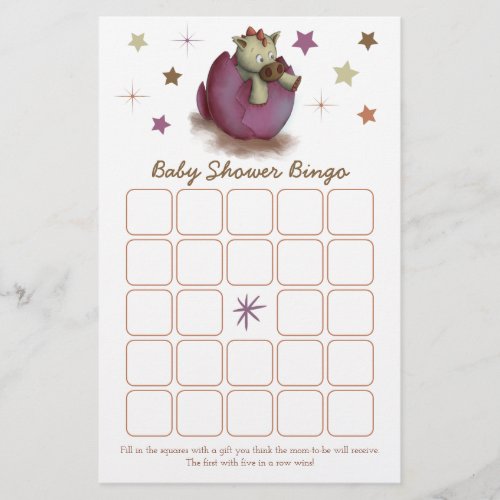 Dinosaur Hatching Pink Baby Shower Bingo Card