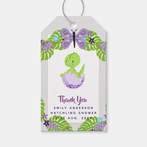 Dinosaur Hatchling Baby Shower Purple Blue Thanks Gift Tags