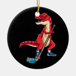 Dinosaur Hockey Stick Puck Goal Goalie TRex T Rex  Ceramic Ornament