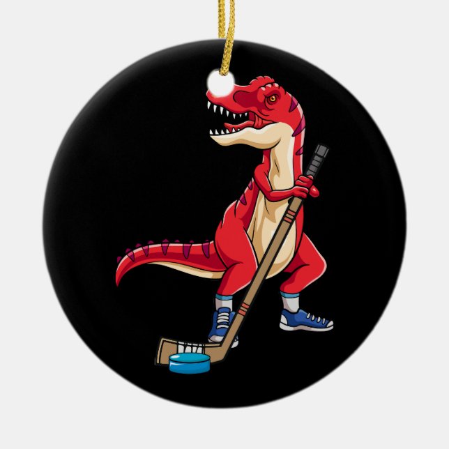 Dinosaur Hockey Stick Puck Goal Goalie TRex T Rex  Ceramic Ornament (Front)