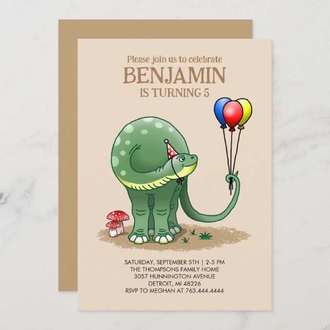 Dinosaur holding Balloons Birthday Invitation (Front/Back)