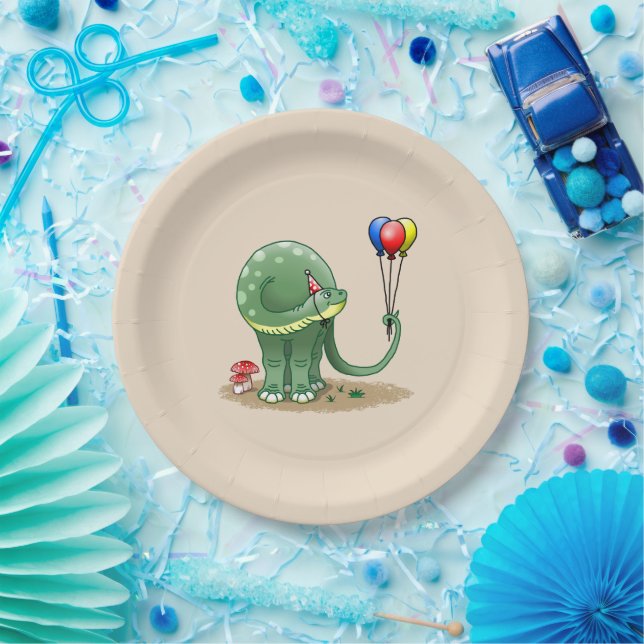 Dinosaur holding Balloons Birthday Paper Plates (Party)