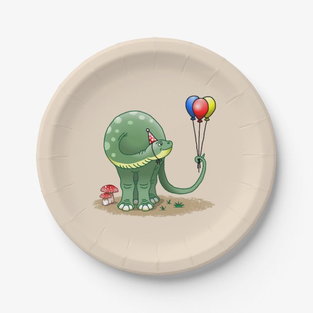 Dinosaur holding Balloons Birthday Paper Plates (Front)