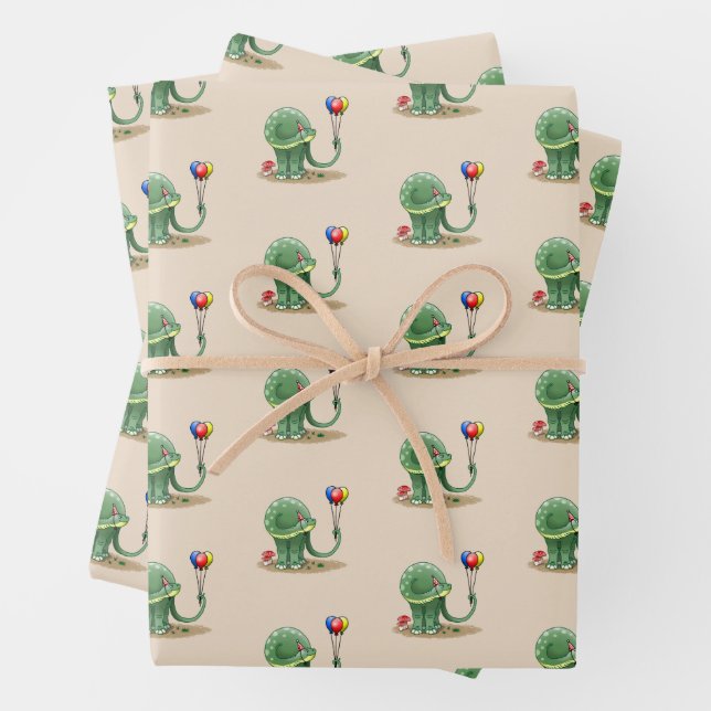 Dinosaur holding Balloons Birthday Wrapping Paper Sheets (In situ)