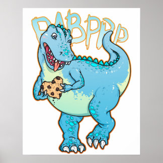 Dinosaur holding heart shaped cookie. Artwork. Poster