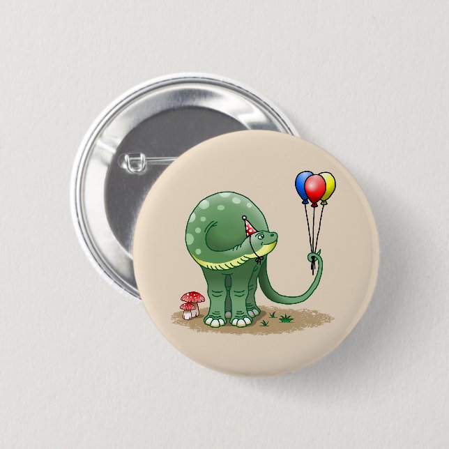 Dinosaur holding the birthday balloons button (Front & Back)