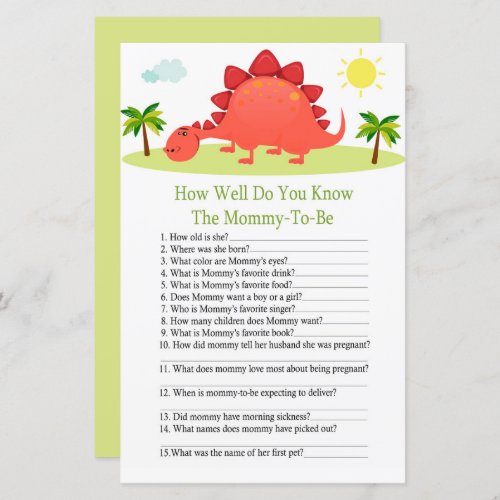 Dinosaur how well do you know baby shower game