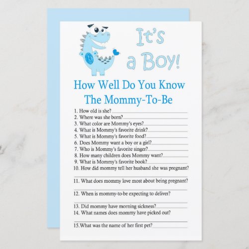 Dinosaur How well do you know baby shower game