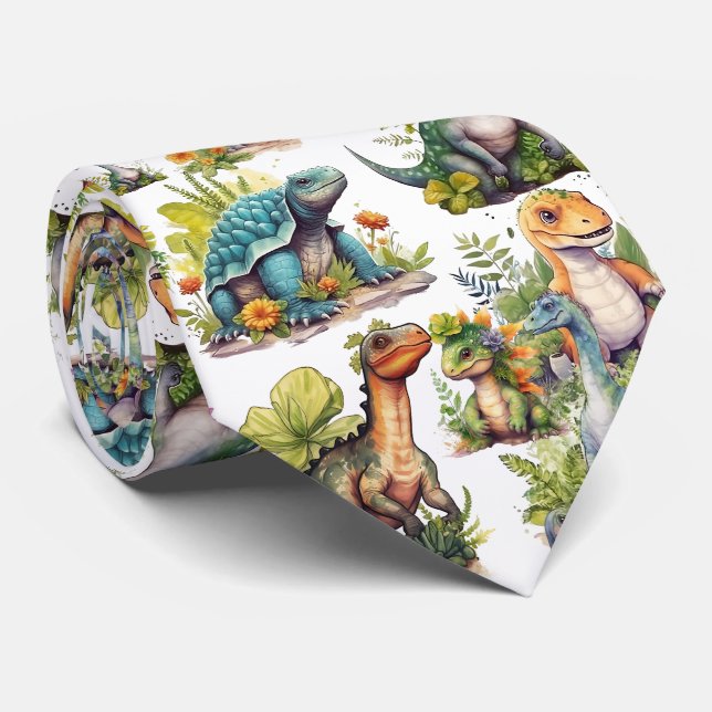 Dinosaur Illustration Neck Tie (Rolled)