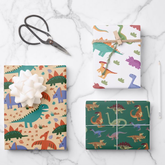 Dinosaur Illustration Pattern Kids Birthday Wrapping Paper Sheets (Front)