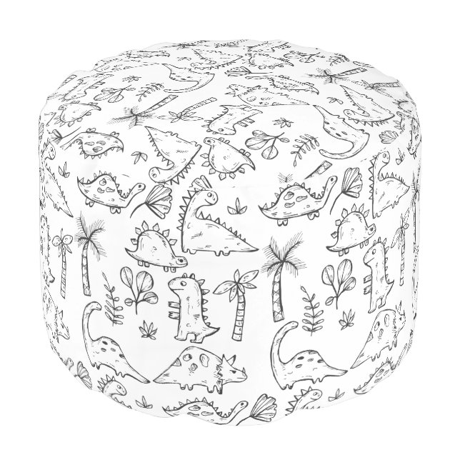 Dinosaur Illustrations Black and White Pattern Pouf (Angled Front)