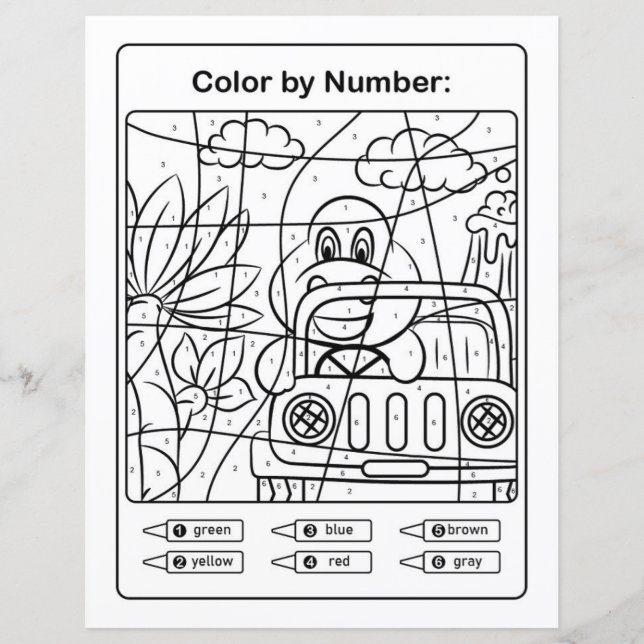 Dinosaur in a car Coloring Page by number (Front)