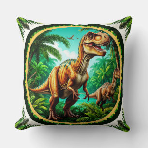 Dinosaur in a Lush Prehistoric Jungle Throw Pillow