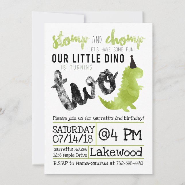 Dinosaur Invitation Stomp and Chomp 2nd Birthday (Front)