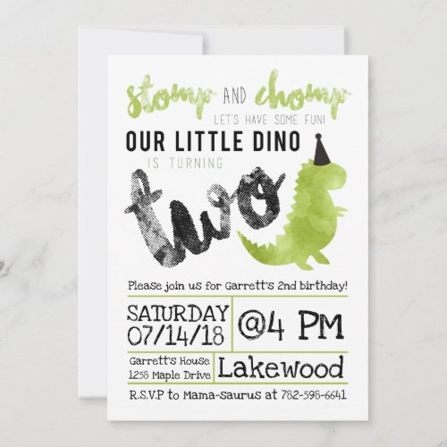 Dinosaur Invitation Stomp and Chomp 2nd Birthday