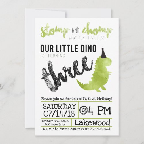 Dinosaur Invitation Stomp and Chomp Third Birthday