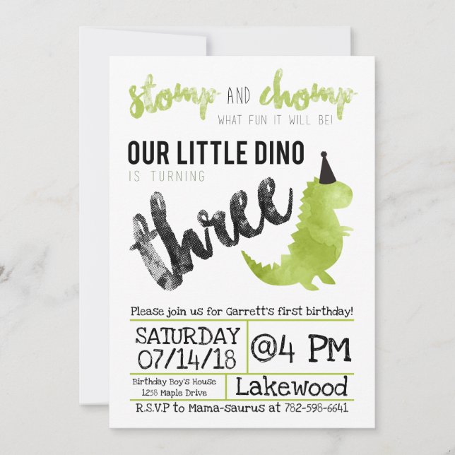 Dinosaur Invitation Stomp and Chomp Third Birthday (Front)